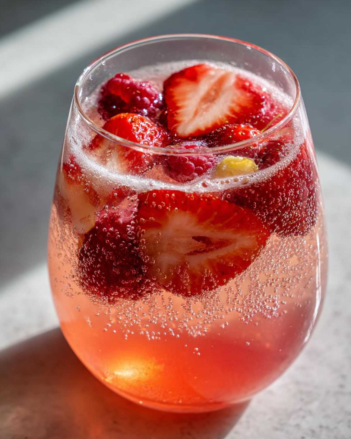 Close-up of a glass filled with sparkling pink champagne punch garnished with fresh sliced strawberries and raspberries.