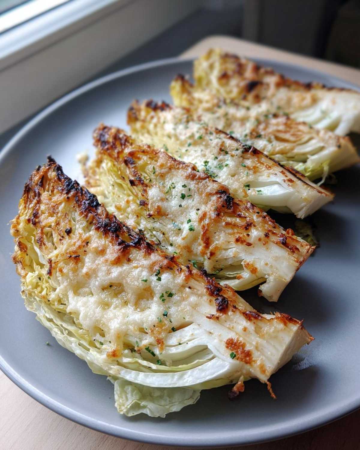 Four wedges of baked cabbage recipe topped with melted, browned cheese and sprinkled with herbs on a grey plate.