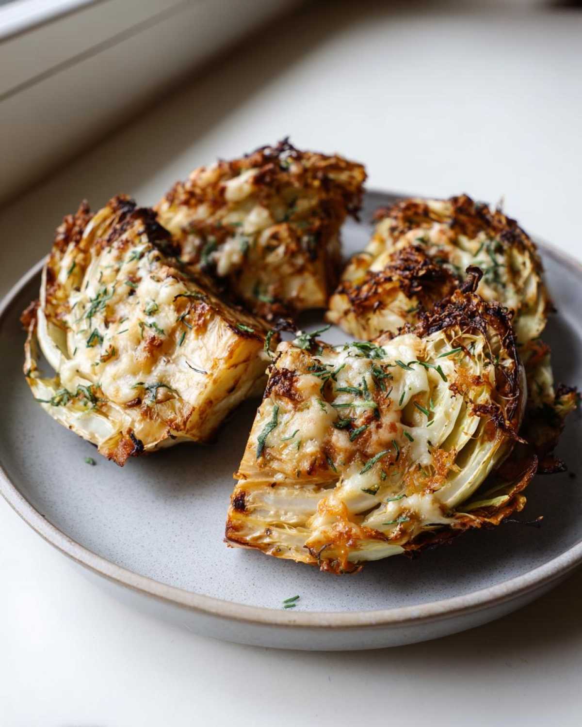 Four wedges of baked cabbage recipe topped with melted, browned cheese and fresh herbs on a gray plate.