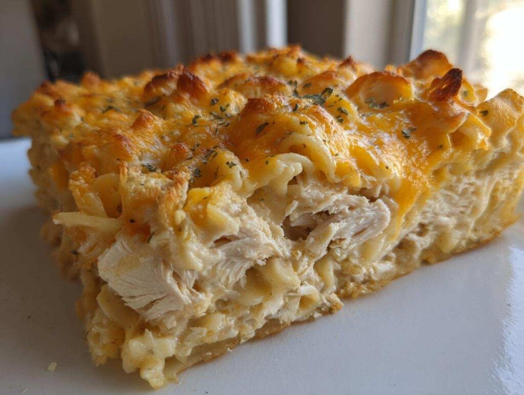 A thick, hearty slice of creamy chicken noodle casserole topped with melted cheddar cheese and herbs.