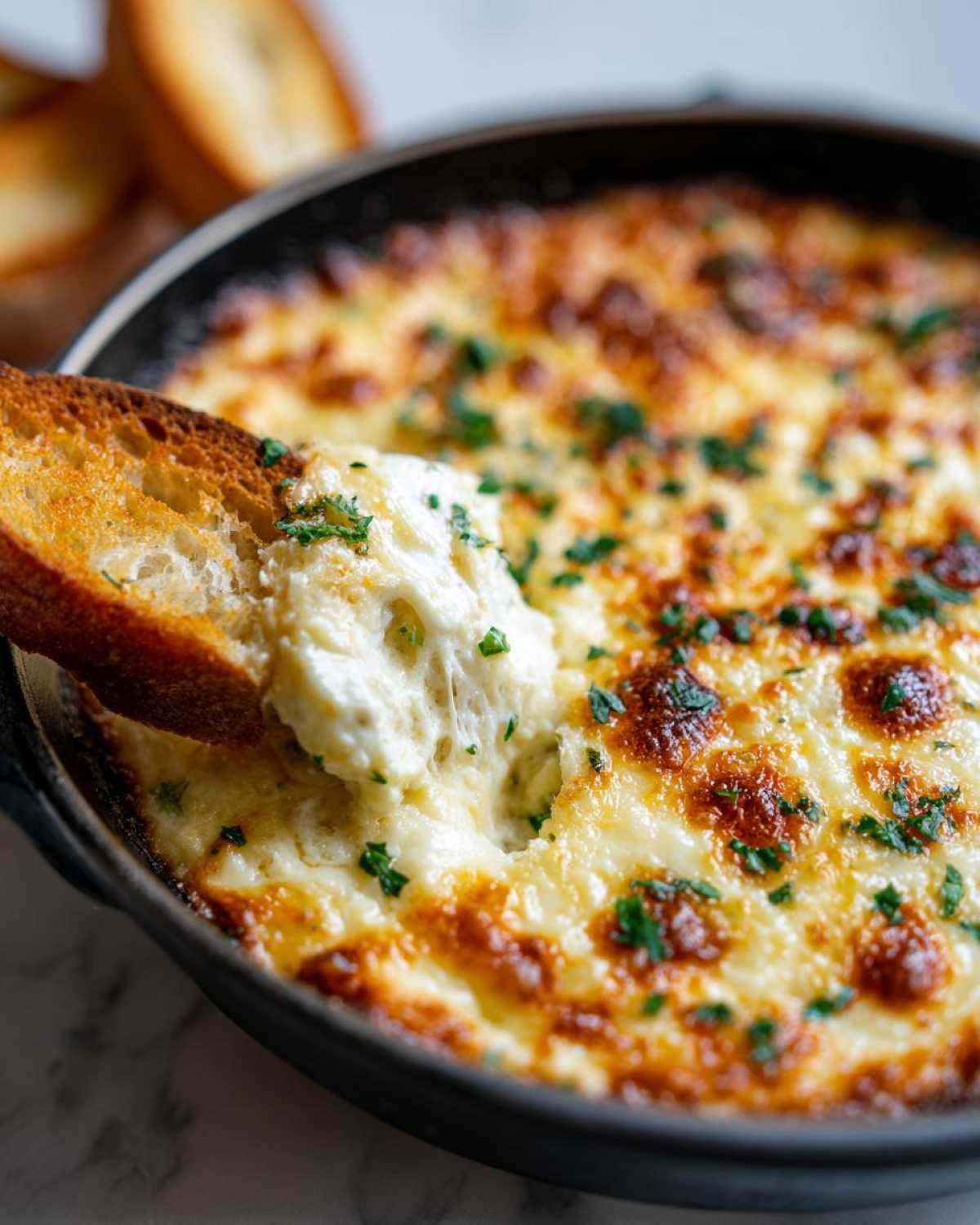 A piece of toasted bread scooping up cheesy garlic bread dip from a cast iron skillet.