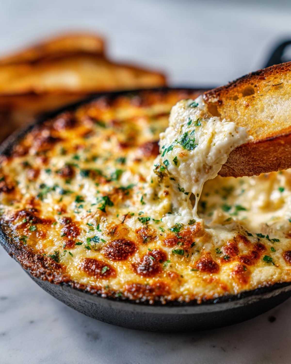 A piece of toasted bread is dipping into a hot, cheesy garlic bread dip served in a cast iron skillet, showing cheese pull.