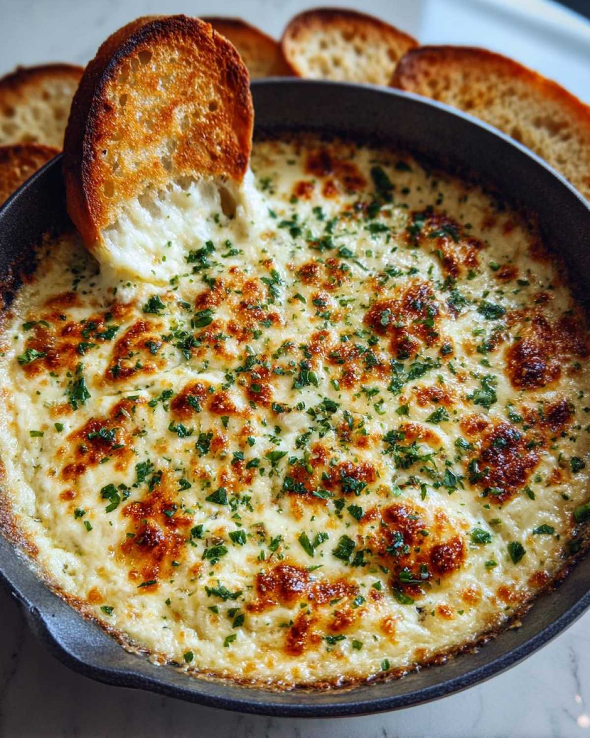 A piece of toasted bread dipping into a hot, cheesy garlic bread dip in a cast iron skillet, showing amazing bread dip texture.