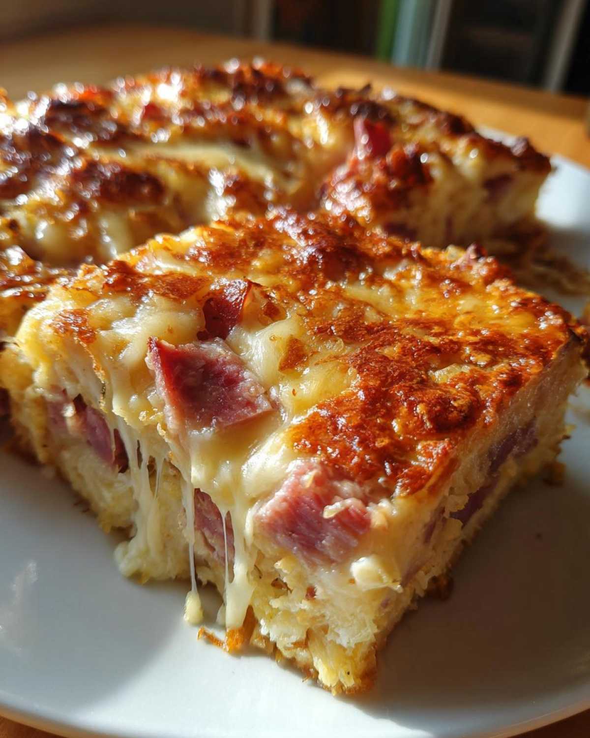 Close-up of a cheesy slice of homemade reuben bake showing melted, stretching cheese and chunks of corned beef.