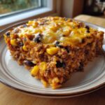 A generous slice of cheesy mexican rice casserole featuring ground meat, black beans, and bright yellow corn kernels.