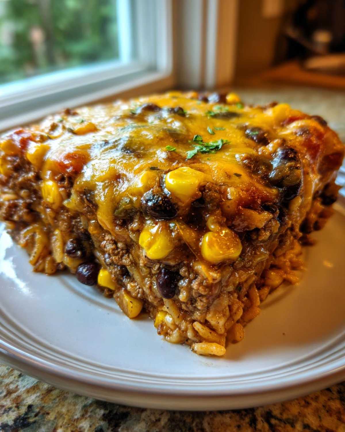 A hearty slice of cheesy mexican rice casserole topped with melted cheddar, corn, and black beans.