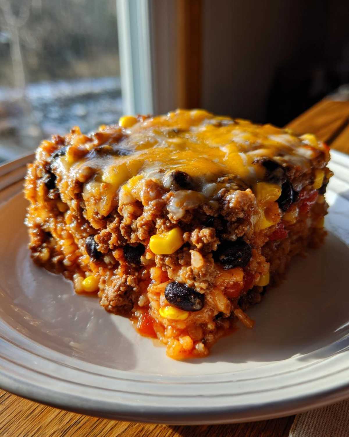 A hearty, cheesy slice of mexican rice casserole featuring ground beef, black beans, and corn, served on a white plate.
