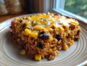 A square serving of cheesy mexican rice casserole topped with melted cheddar cheese, corn, and black beans.