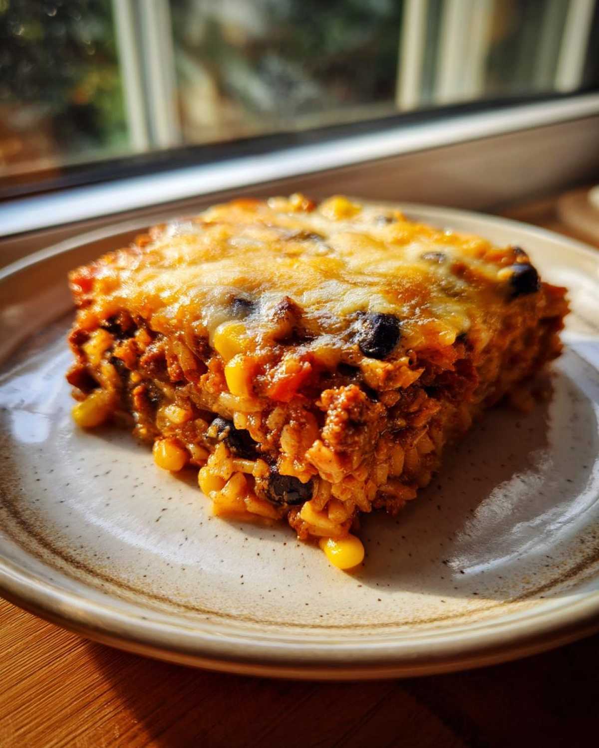 A close-up serving of cheesy mexican rice casserole featuring rice, black beans, and corn, served on a speckled plate.