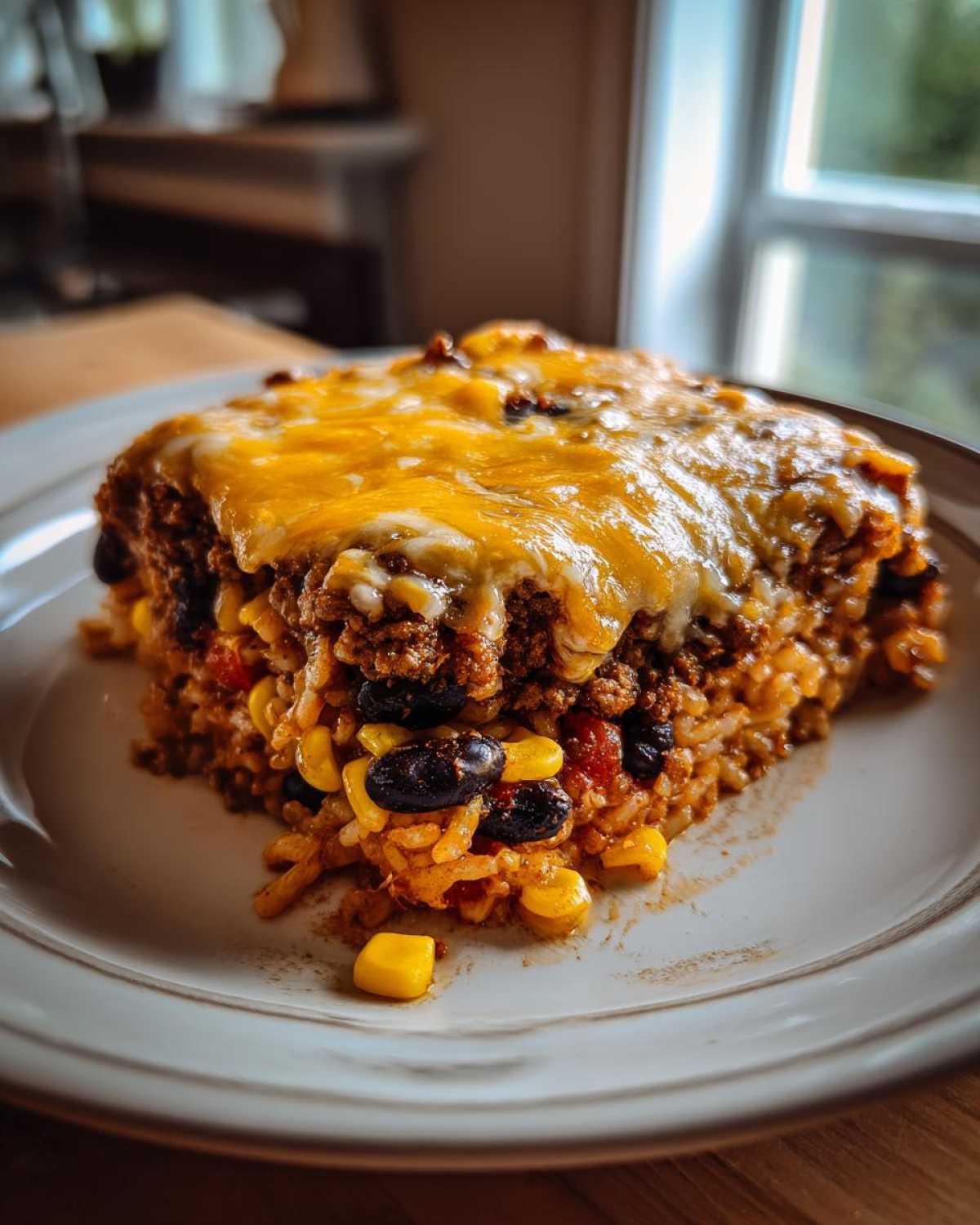 A generous slice of cheesy mexican rice casserole topped with melted cheddar and jack cheese, showing ground beef, corn, and black beans.