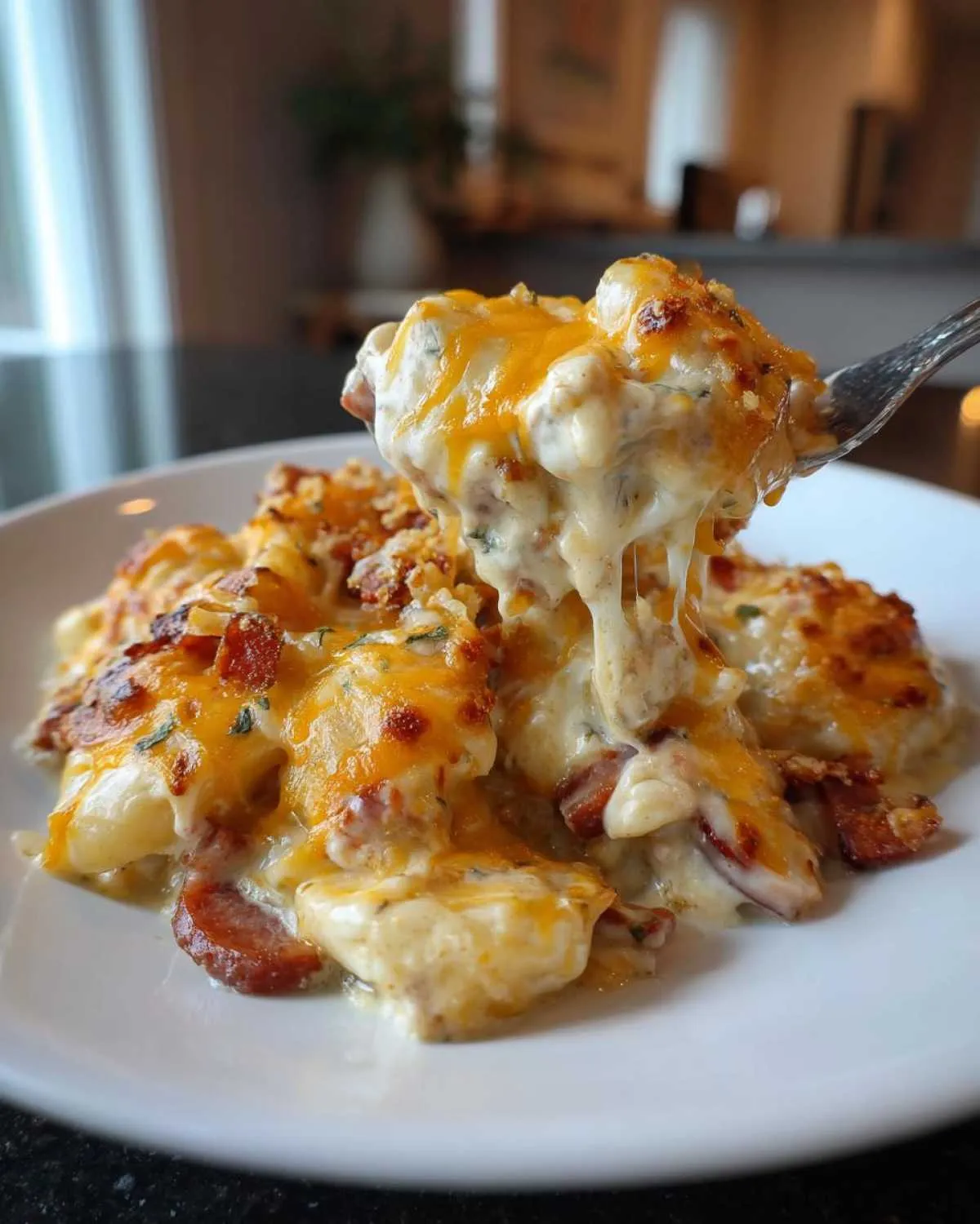 A fork lifts a cheesy, creamy portion of pierogi casserole, showing melted cheddar cheese and bacon pieces.