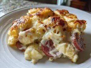 A close-up of a serving of cheesy pierogi casserole with browned topping and slices of sausage.