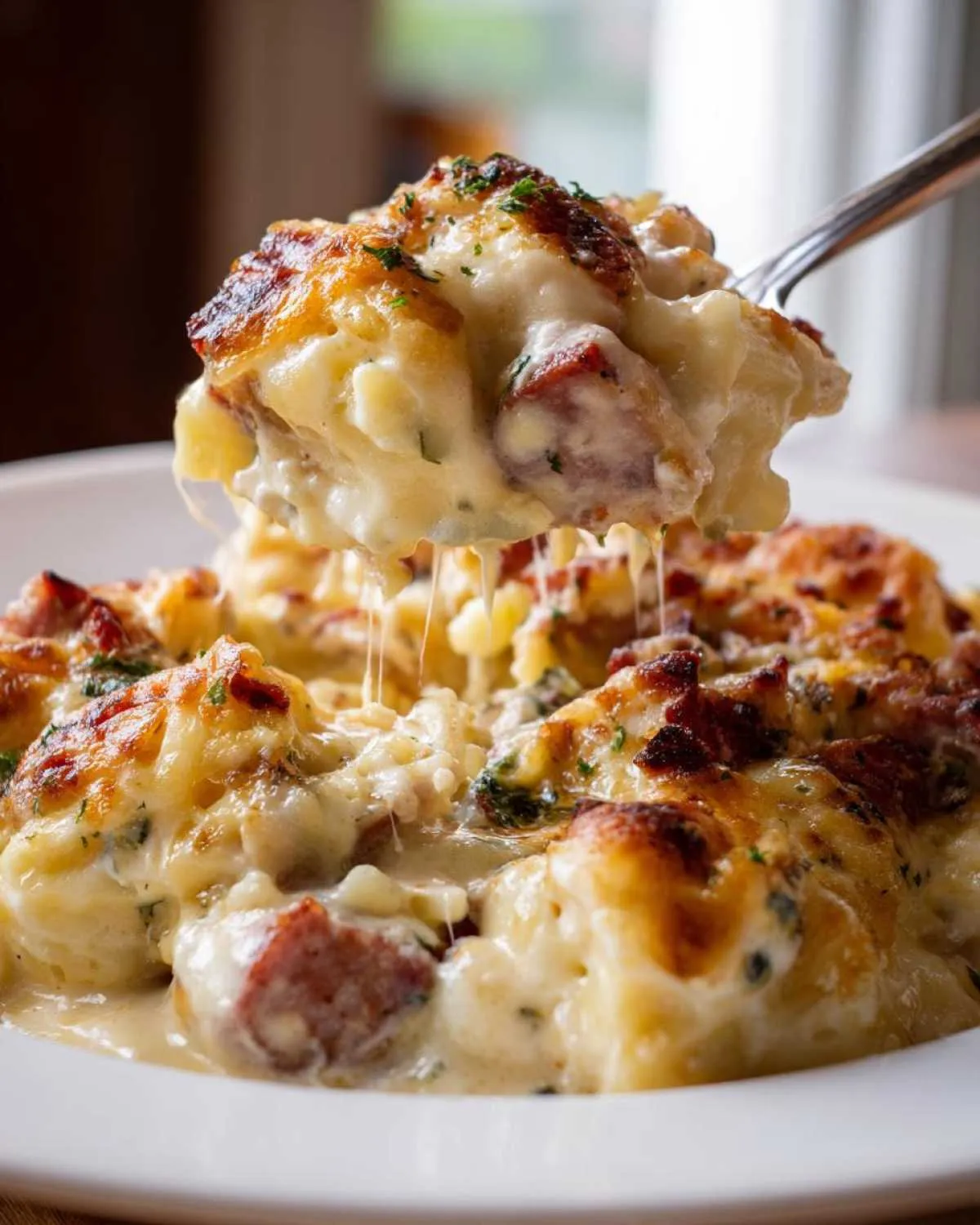 A spoonful of creamy, cheesy pierogi casserole being lifted, showing melted cheese strings.