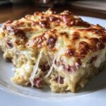 A close-up of a cheesy, gooey slice of homemade reuben bake with melted, browned cheese on top and visible pieces of corned beef.