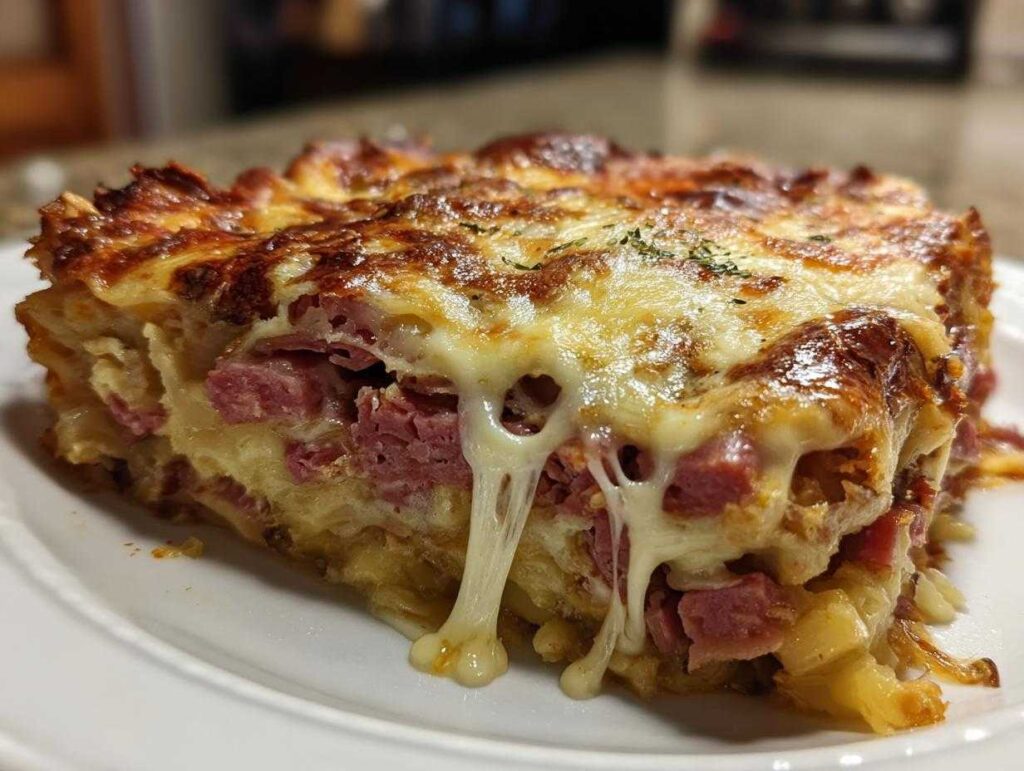 A close-up of a cheesy slice of homemade reuben bake featuring layers of corned beef and melted Swiss cheese.