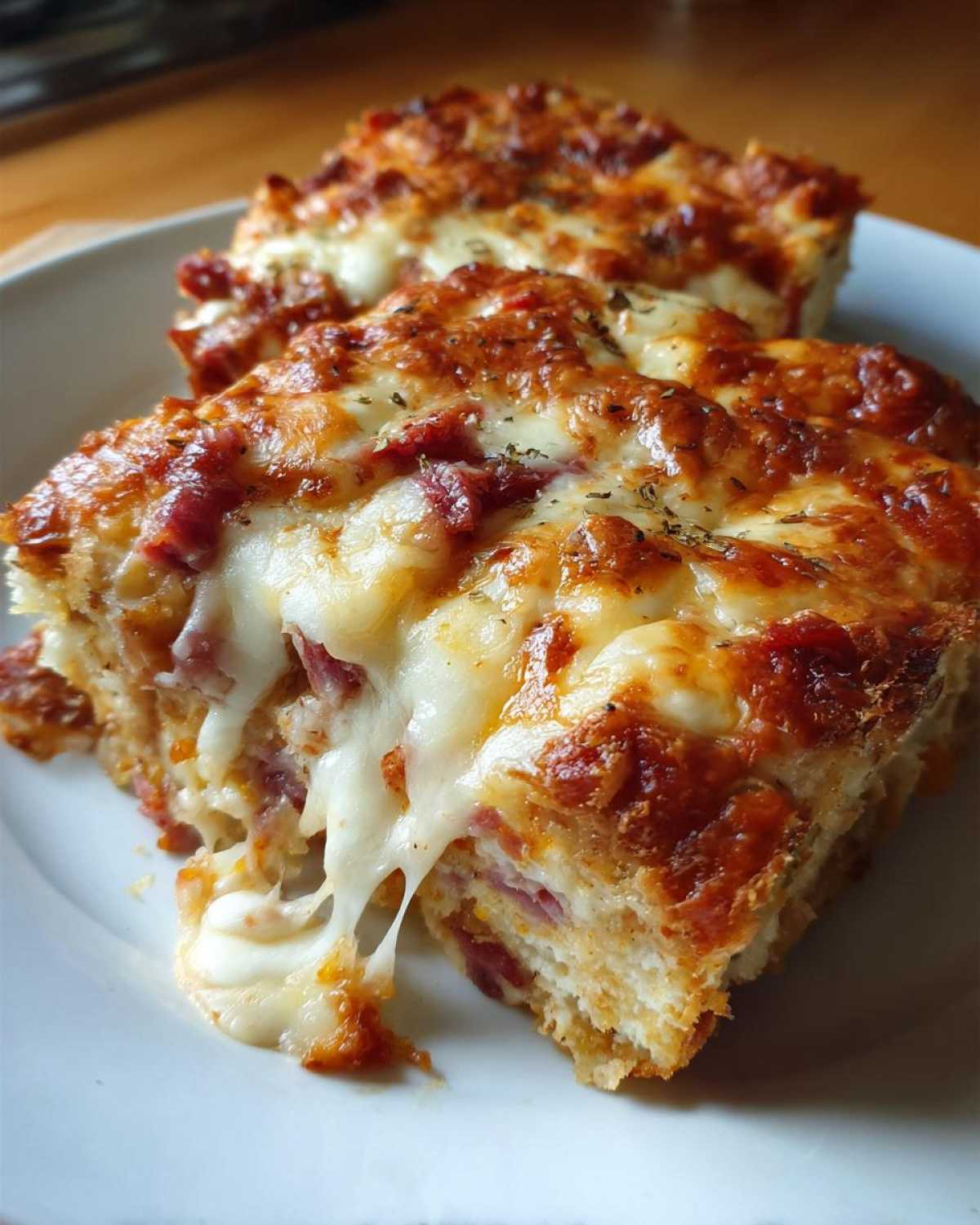 Two cheesy, gooey slices of homemade reuben bake with melted mozzarella and herbs on top.