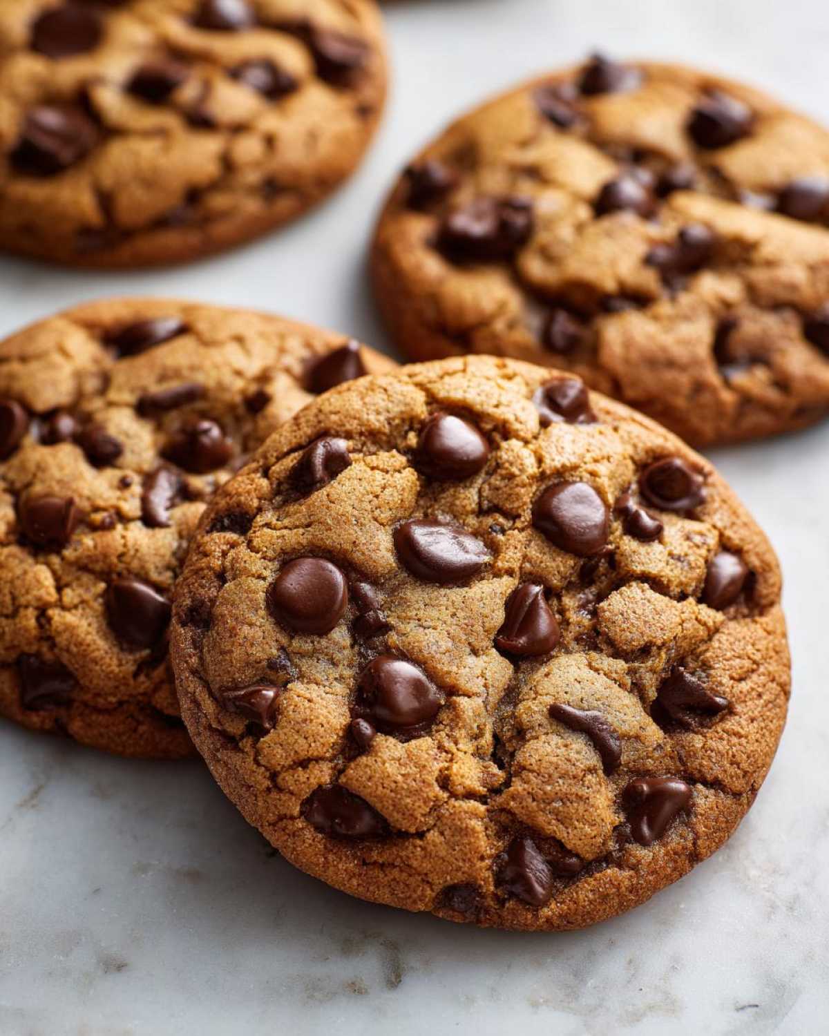Close-up of several freshly baked, chewy chocolate chip pudding cookies resting on a white marble surface.