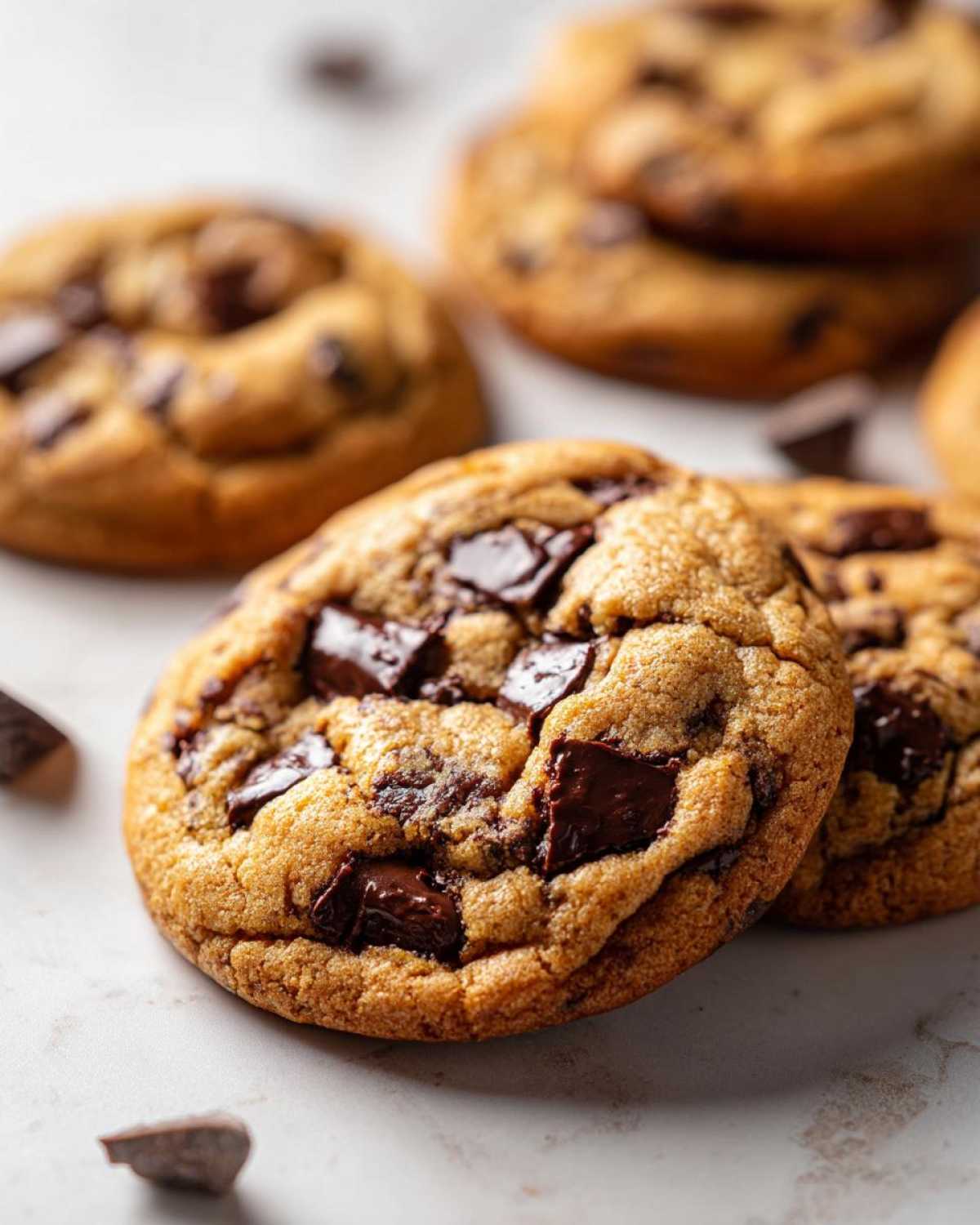 Close-up of a thick, chewy chocolate chunk pudding cookie with melted chocolate chunks visible.