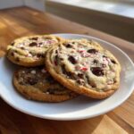 Three chewy peppermint chocolate chip cookies topped with crushed candy canes and sea salt on a white plate.