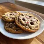 Three chewy peppermint chocolate chip cookies topped with crushed candy canes and sea salt on a white plate.