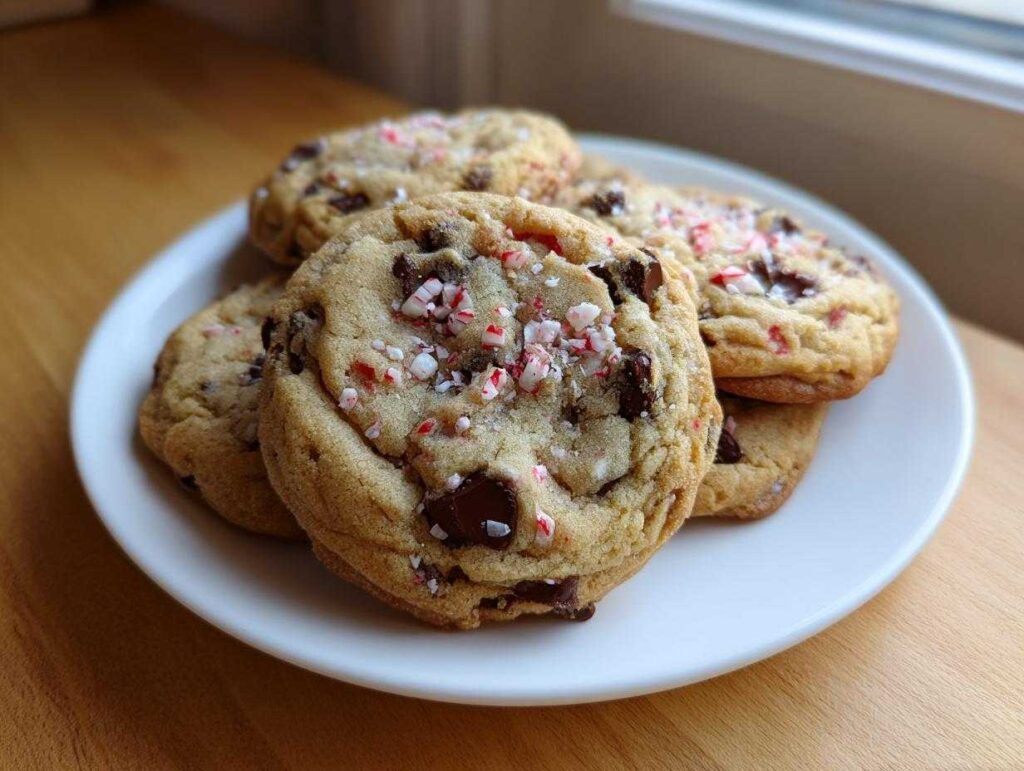 A stack of chewy peppermint chocolate chip cookies topped with crushed candy canes on a white plate.