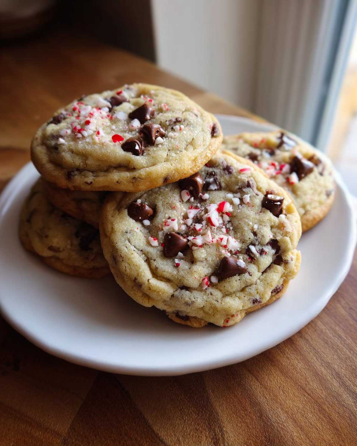 A stack of chewy peppermint chocolate chip cookies topped with crushed candy canes and chocolate chips on a white plate.