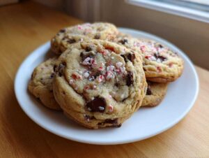 A stack of chewy peppermint chocolate chip cookies topped with crushed candy canes on a white plate.