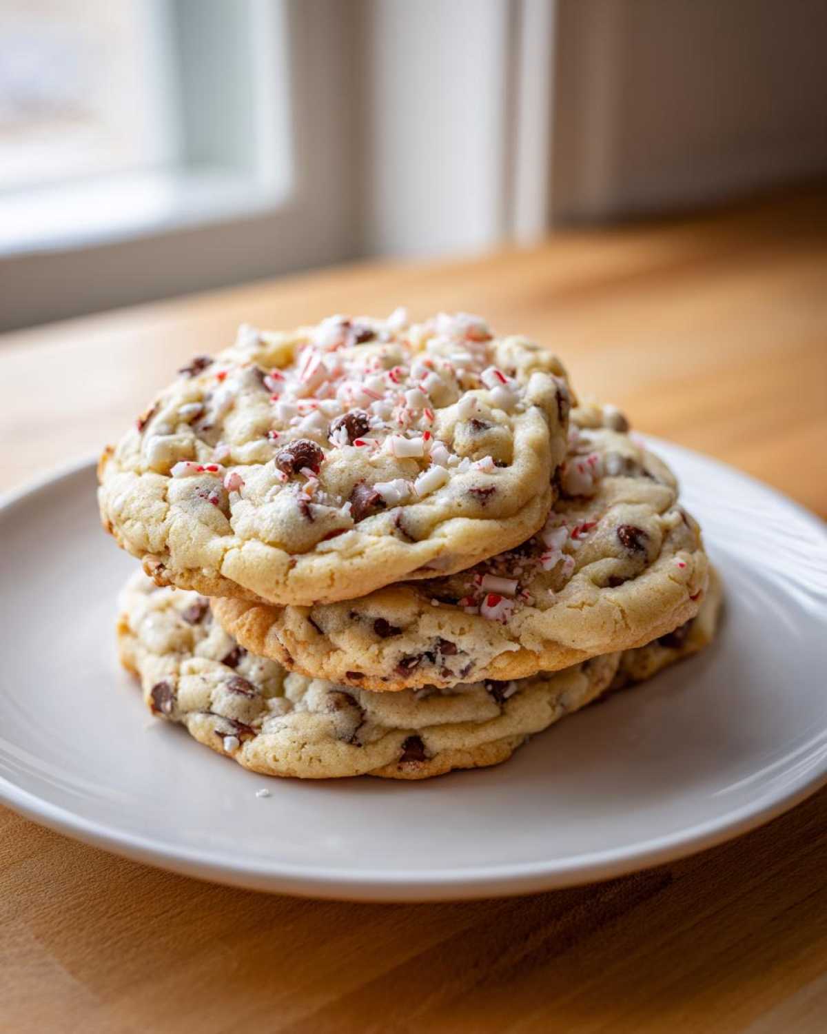 A stack of three chewy peppermint chocolate chip cookies topped with crushed candy canes on a white plate.