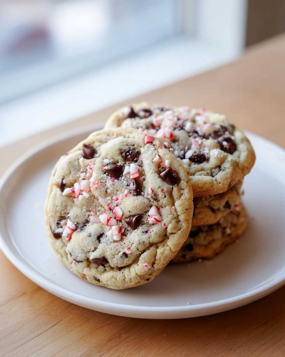A stack of chewy peppermint chocolate chip cookies topped with crushed candy canes on a white plate.