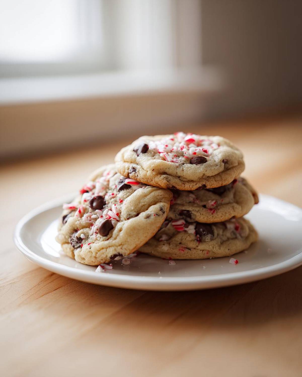 A stack of three chewy peppermint chocolate chip cookies topped with crushed candy canes on a white plate.