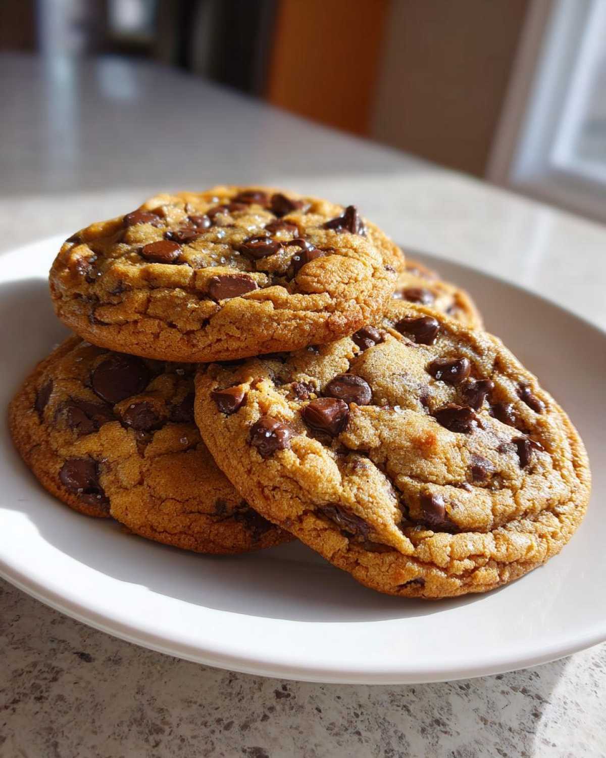 A stack of three perfectly baked vegan chocolate chip cookies sprinkled with sea salt on a white plate.