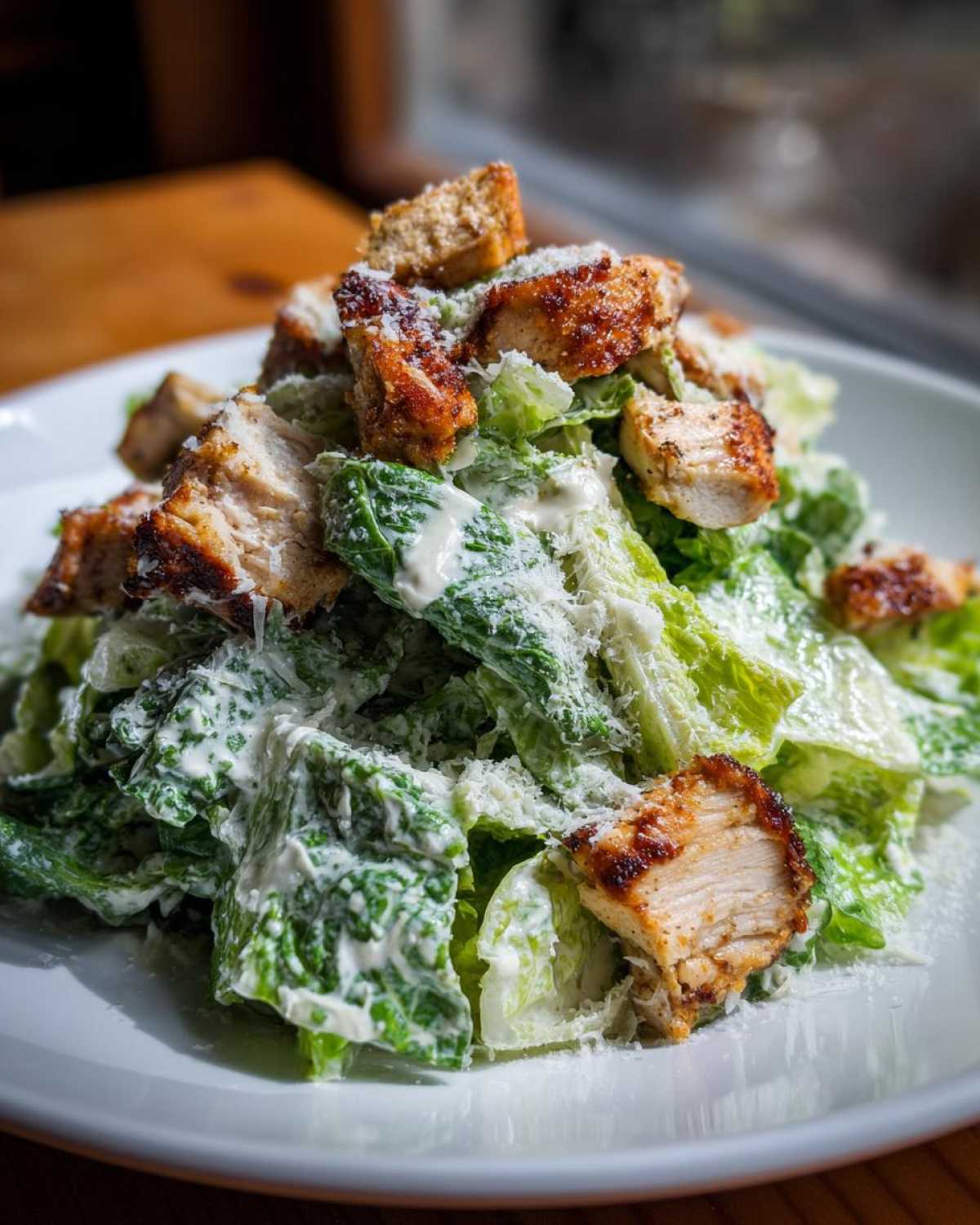 A close-up of a hearty chicken caesar salad featuring crisp romaine lettuce, grilled chicken pieces, croutons, and creamy dressing.
