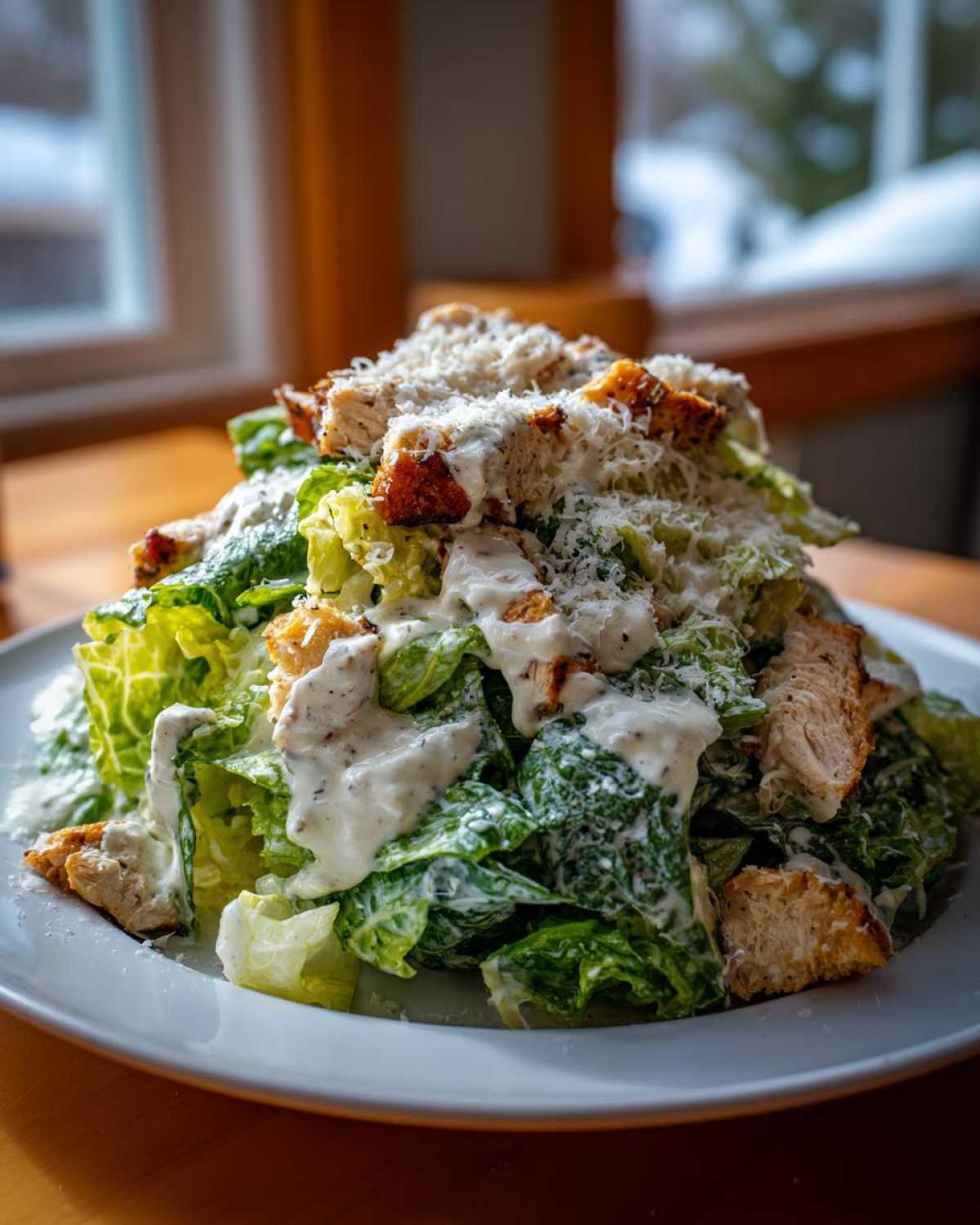 A tall serving of chicken caesar salad featuring crisp romaine lettuce, grilled chicken pieces, croutons, and heavy caesar dressing.