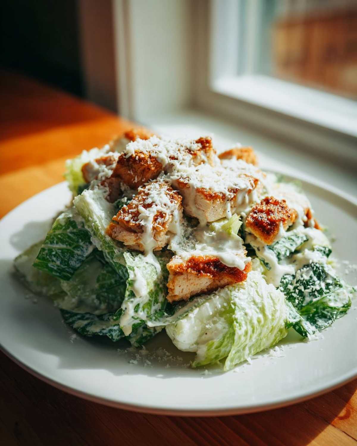 A delicious plate of chicken caesar salad featuring crisp romaine lettuce, grilled chicken pieces, creamy dressing, and grated parmesan cheese.