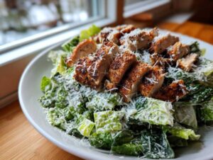 A vibrant plate of chicken caesar salad featuring grilled, sliced chicken breast over romaine lettuce with creamy dressing and grated Parmesan.