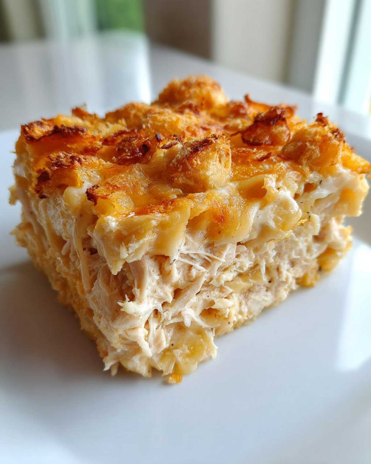 A close-up, cross-section view of a serving of creamy chicken noodle casserole topped with melted cheese and crunchy croutons.