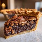 Close-up of a thick slice of chocolate bourbon pecan pie showing the rich, dark filling and pecan topping.