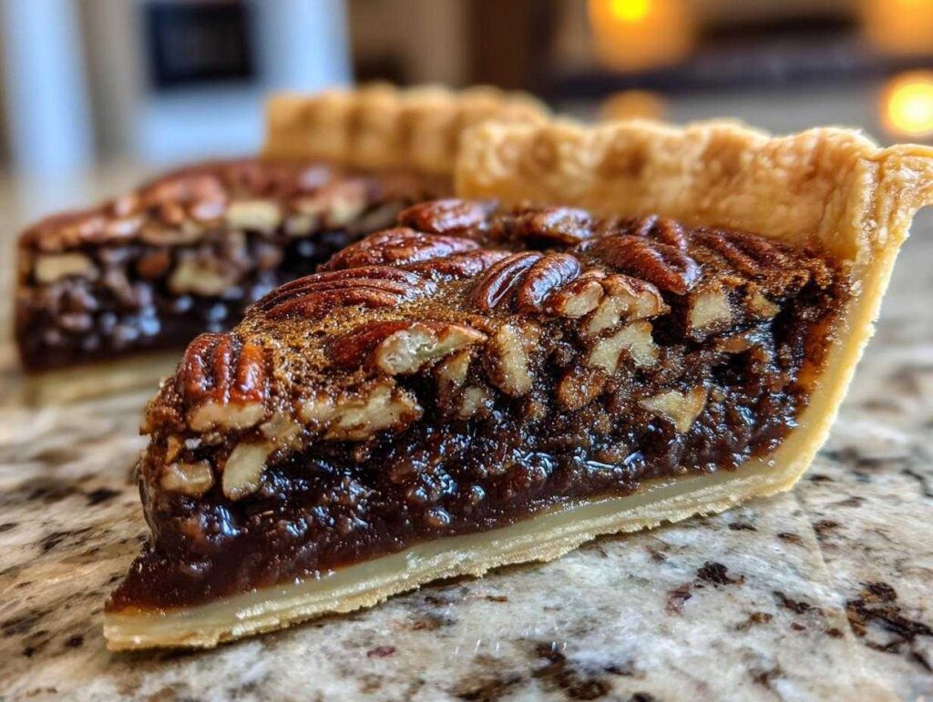 Close-up of a rich slice of chocolate bourbon pecan pie showing the gooey filling and whole pecans on top.