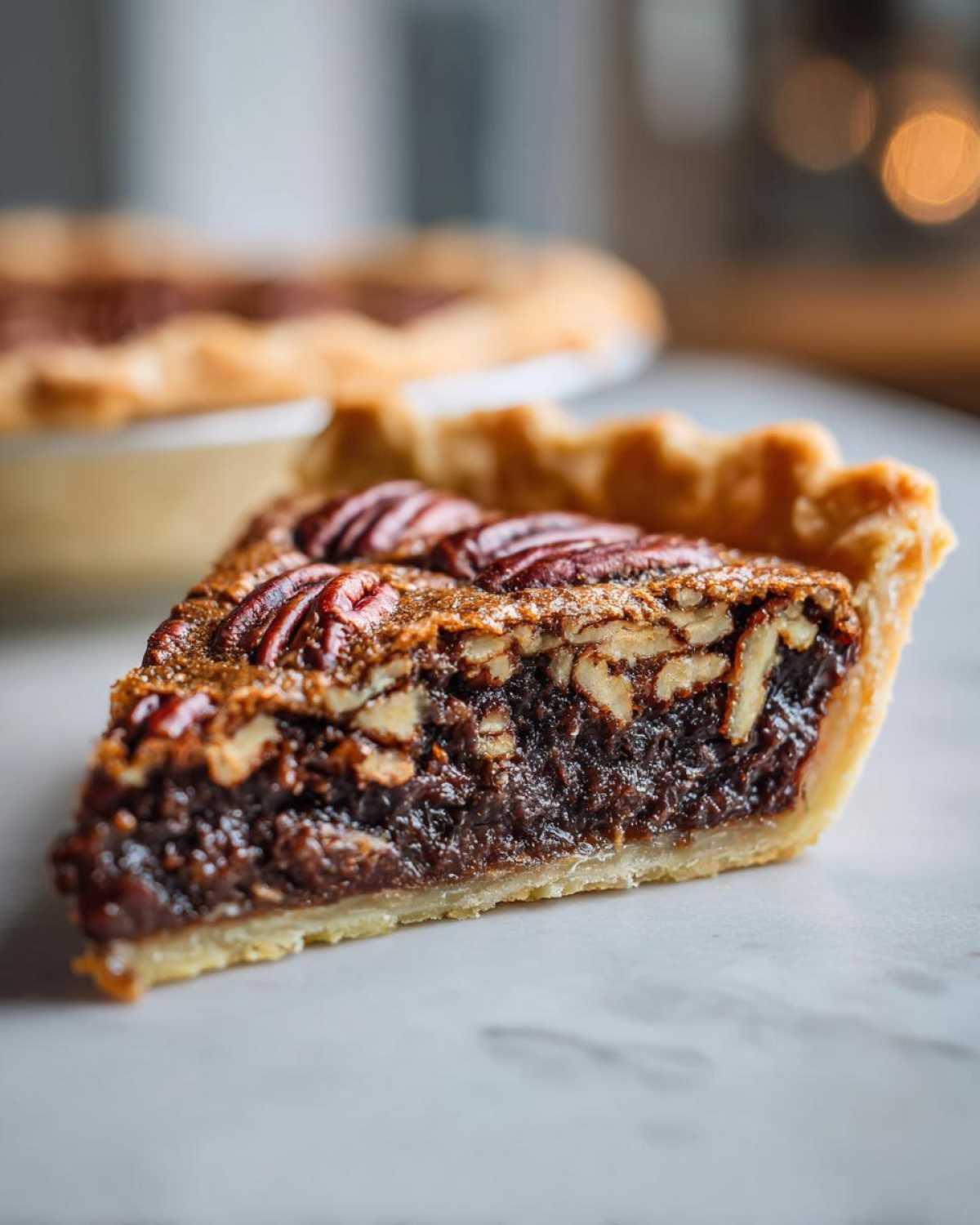 Close-up of a rich slice of chocolate bourbon pecan pie showing the dark, gooey filling and whole pecans on top.