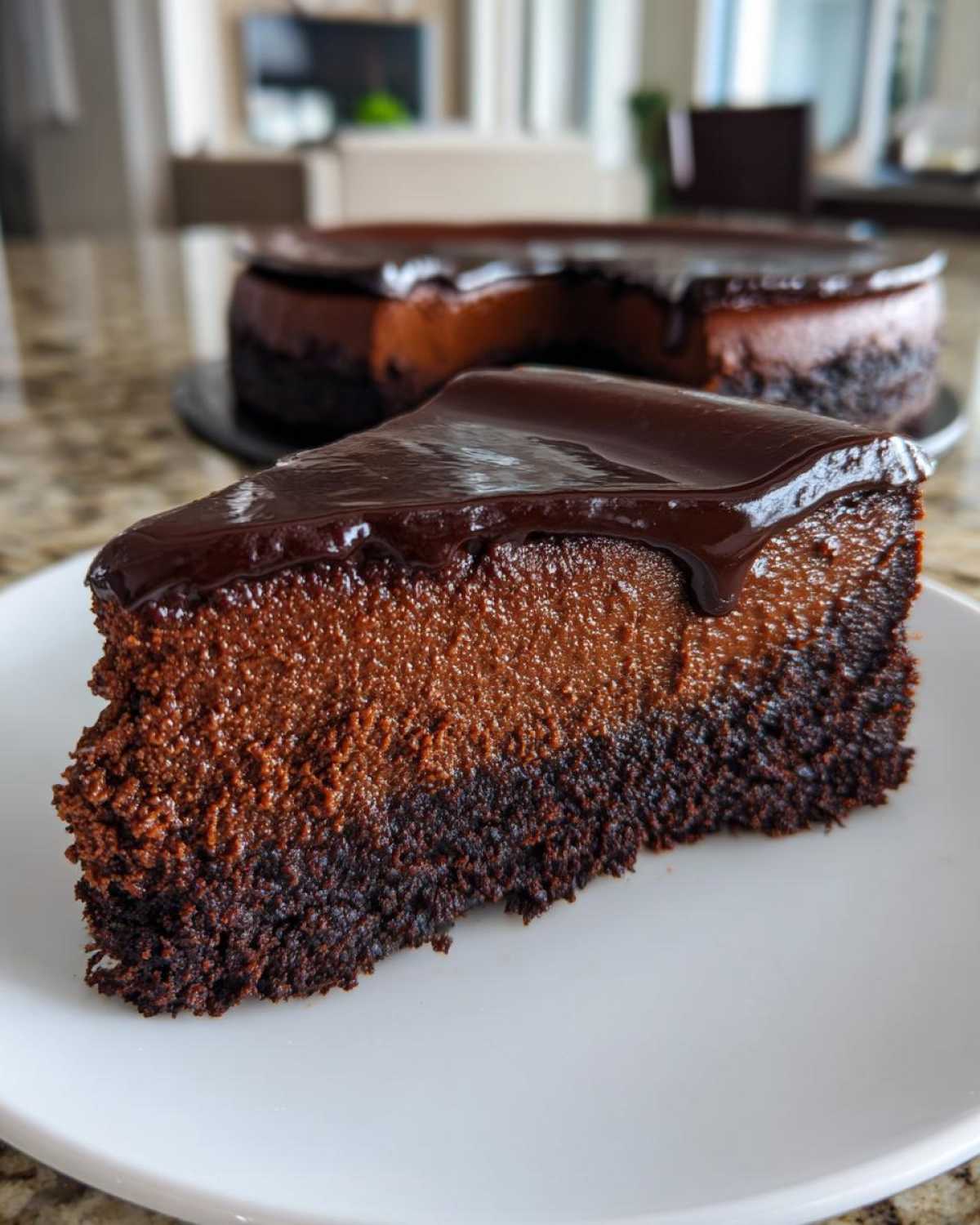 A generous slice of rich chocolate cheesecake with a dense texture and glossy chocolate ganache topping, served on a white plate.