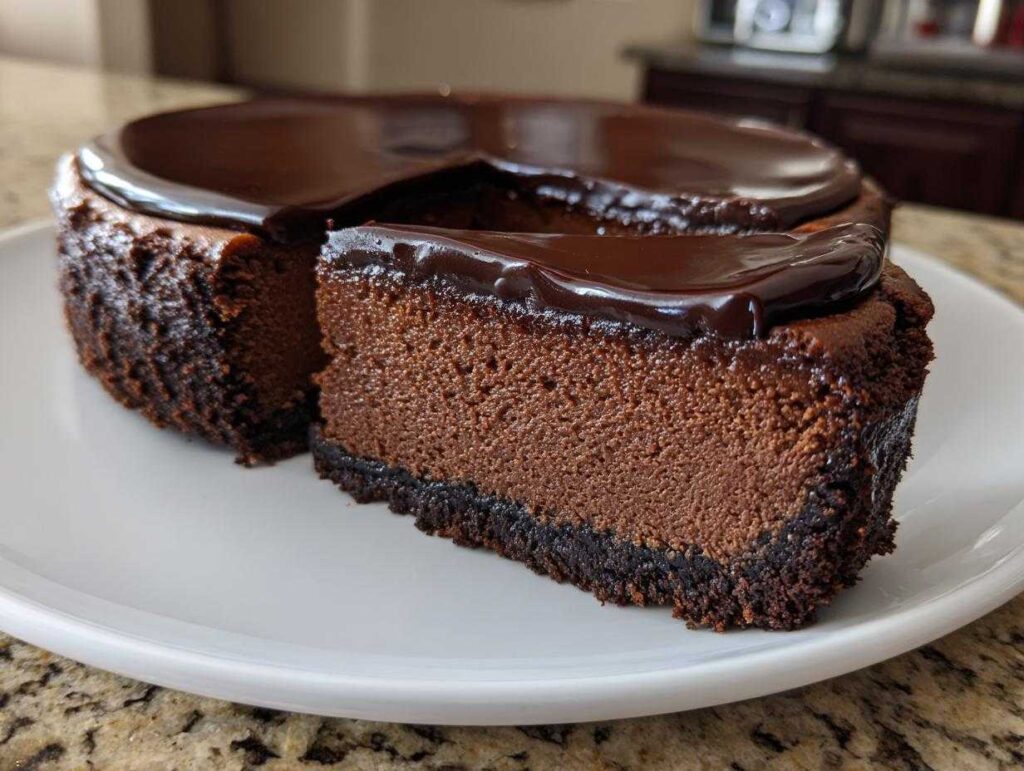 A slice of rich, dark chocolate cheesecake with a thick, glossy chocolate ganache topping, sitting on a white plate.