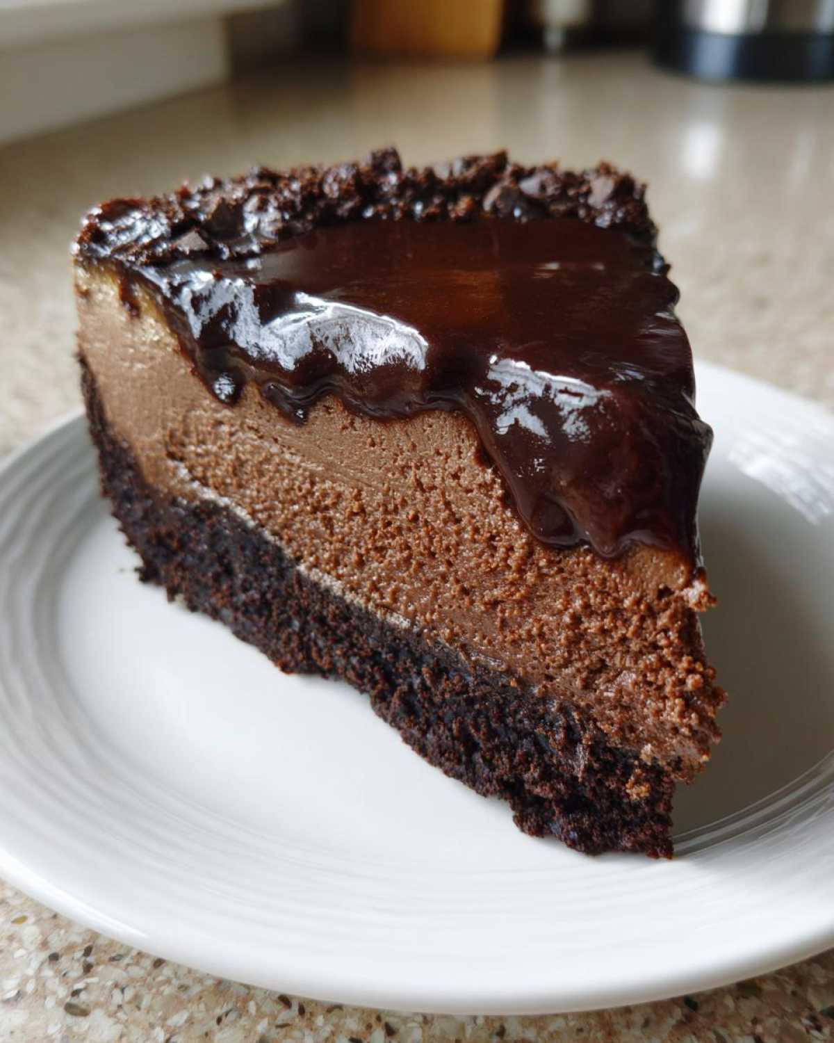 A decadent slice of chocolate cheesecake featuring a dark crust, creamy filling, and glossy chocolate ganache topping.