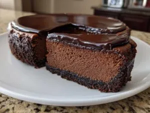 A slice of rich, dark chocolate cheesecake with a thick, glossy chocolate ganache topping, sitting on a white plate.