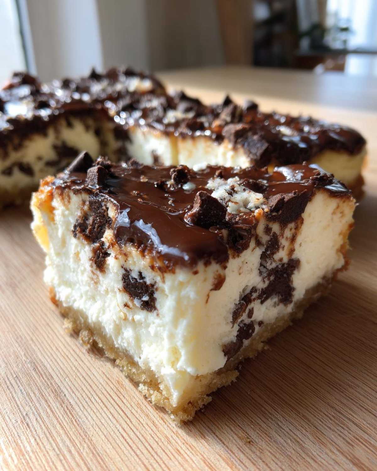 Close-up of a thick slice of chocolate chip cheesecake bar with a graham cracker crust and chocolate topping.