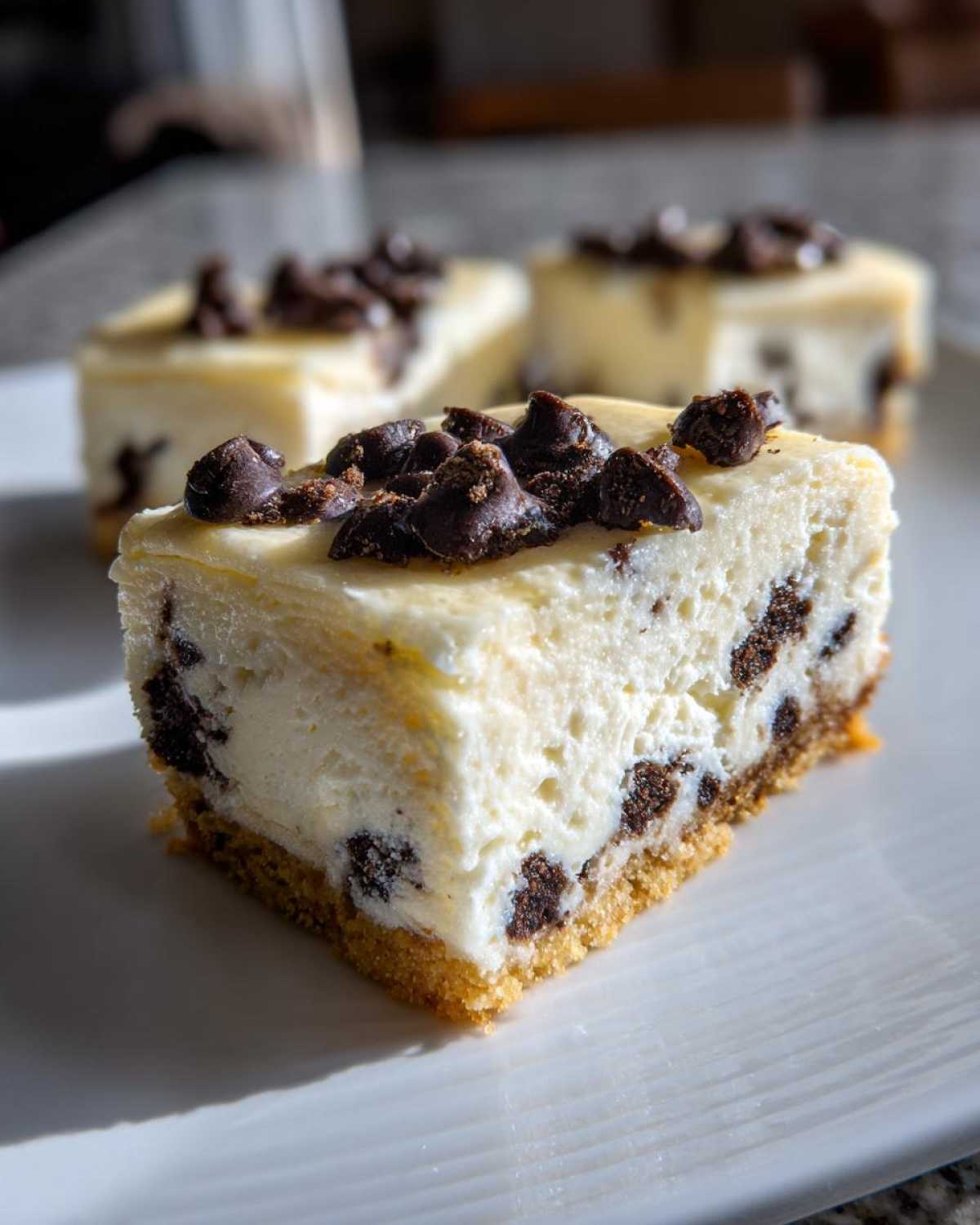 A close-up, bright photo of a single slice of creamy chocolate chip cheesecake bar with a graham cracker crust.