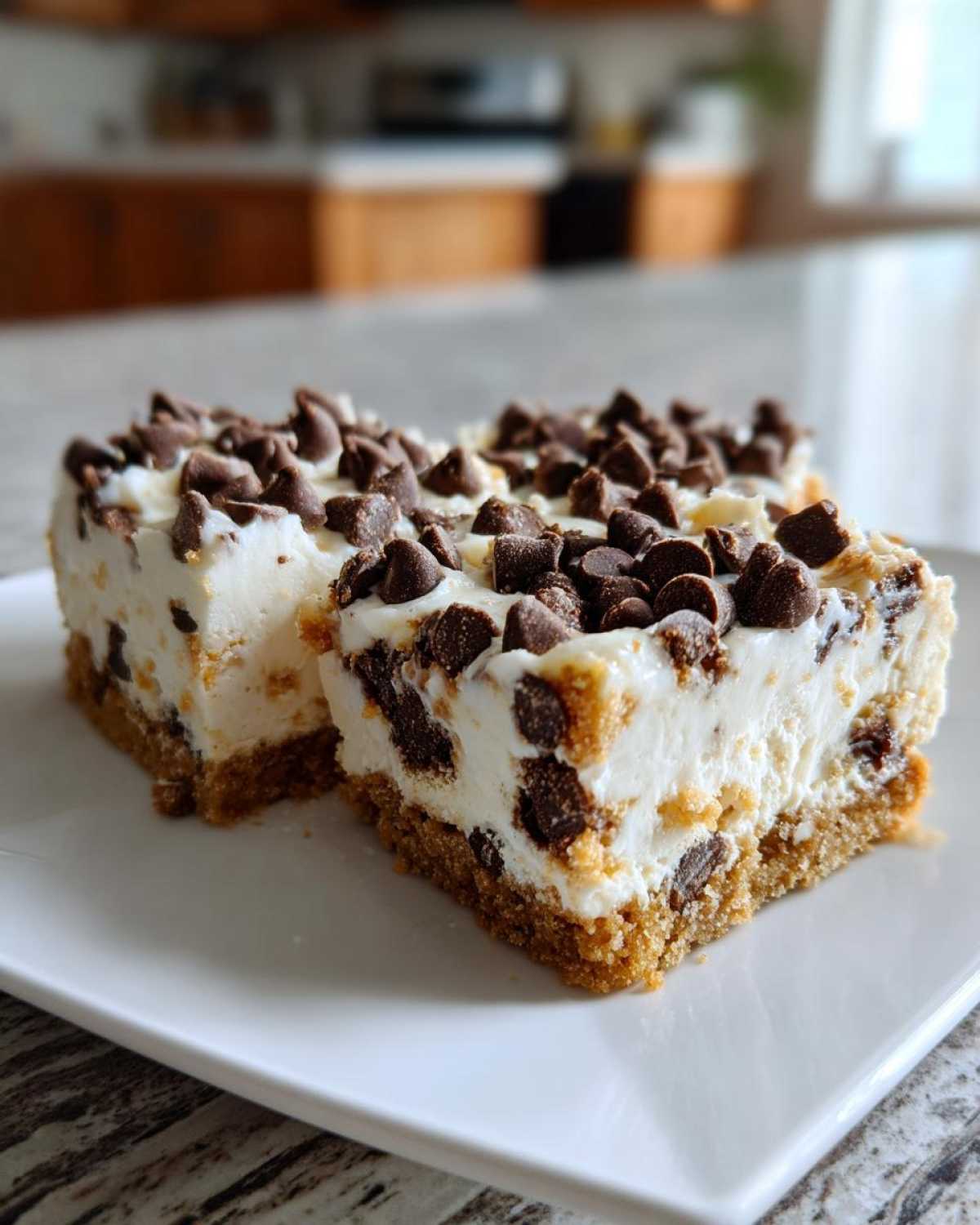 Close-up of two rich chocolate chip cheesecake bars with thick graham cracker crusts, generously topped with chocolate chips.