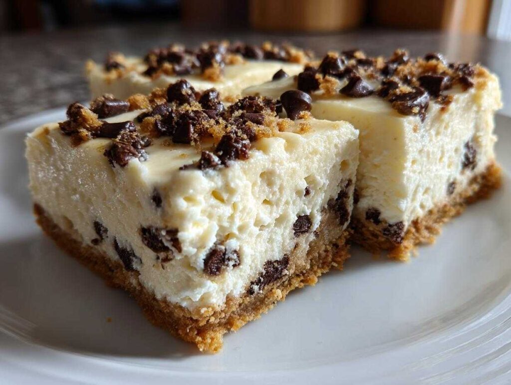 Two slices of creamy chocolate chip cheesecake bars with a graham cracker crust and chocolate chips on top.