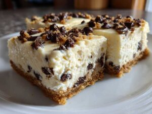 Two slices of creamy chocolate chip cheesecake bars with a graham cracker crust and chocolate chips on top.