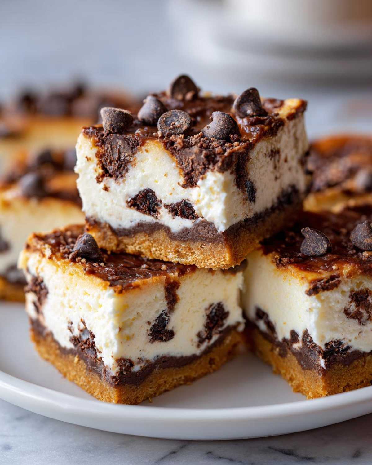 Three stacked squares of rich chocolate chip cheesecake bars with a graham cracker crust, topped with chocolate chips.