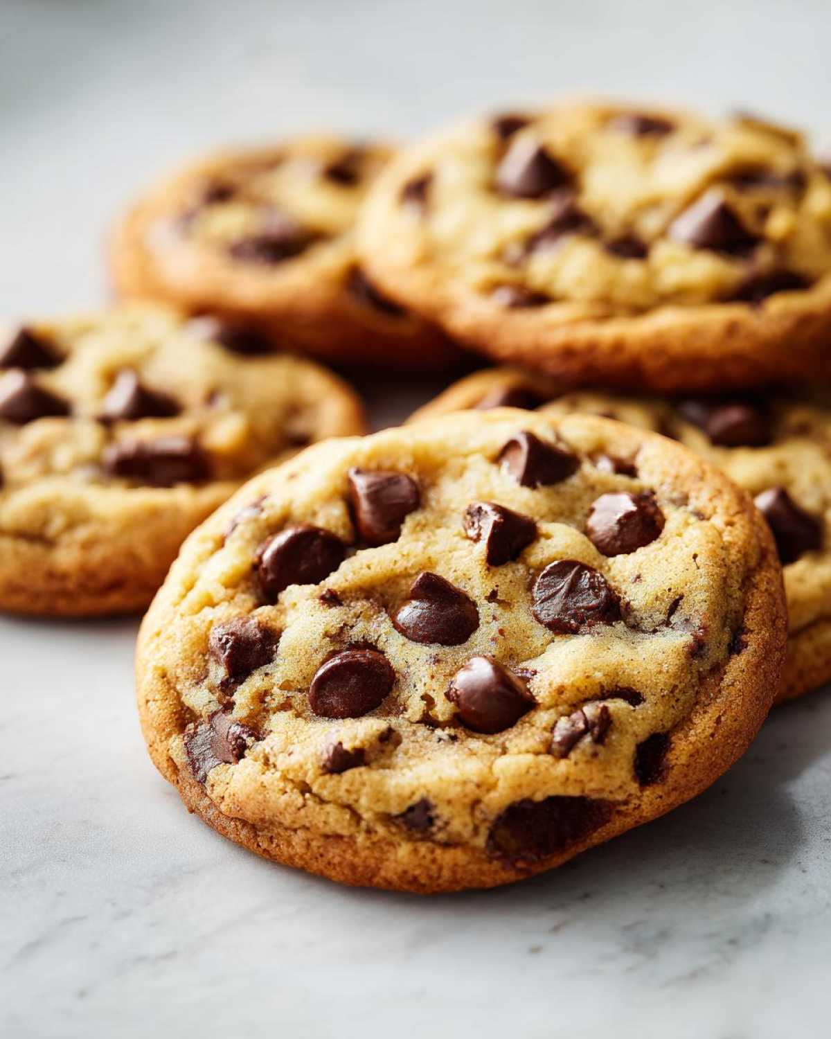 Close-up of a stack of soft, golden chocolate chip pudding cookies with melted chocolate chips.